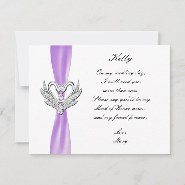 Purple Ribbon Silver Swans Maid Of Honour Card (Front)