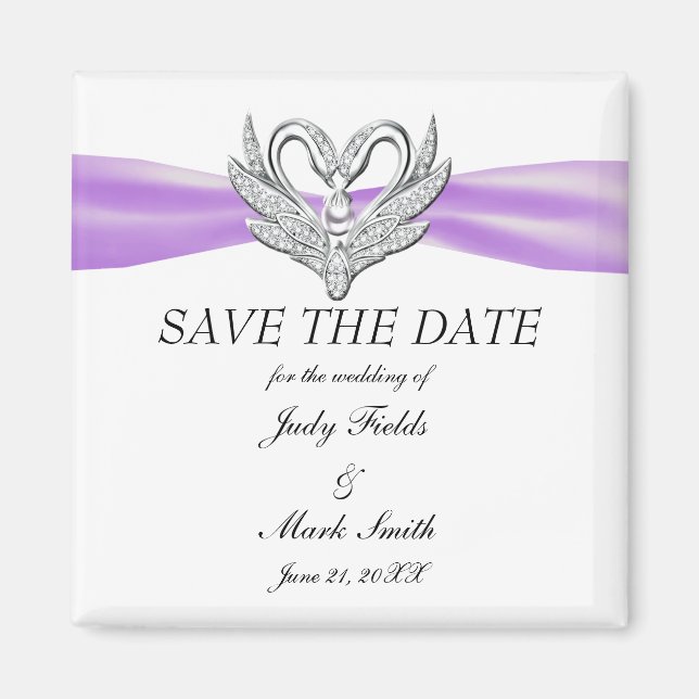 Purple Ribbon Silver Swans Save The Date Magnet (Front)