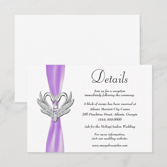 Purple Ribbon Silver Swans Wedding Details Enclosure Card (Front/Back)