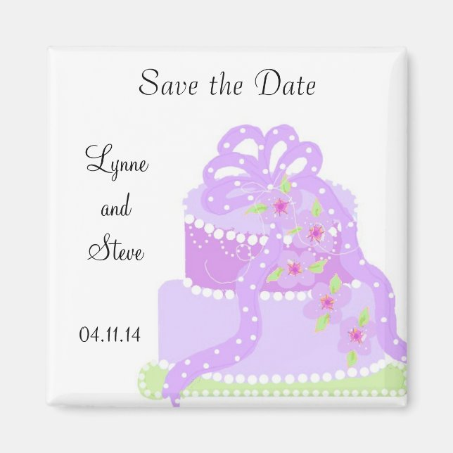 Purple Ribbon Wedding Cake Save the Date Magnet (Front)