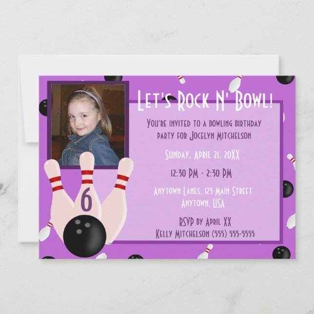 Purple Rock And Bowl With Photo Bowling Party Invitation (Front)