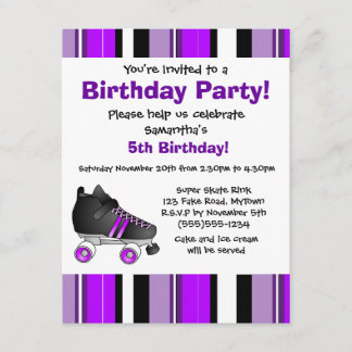 Purple Roller Skate Birthday Party - Purple Stripe Invitation