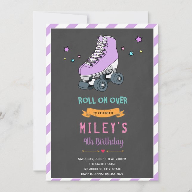 Purple Roller skate party invitation (Front)