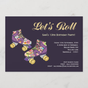 Purple Roller Skate Roller Skating Birthday Party Invitation
