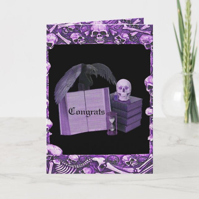 Purple Romance Skull Spellbook Wedding Card (Front)