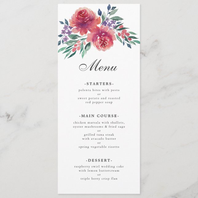 Purple Romantic Watercolor Floral Wedding Menu (Front)