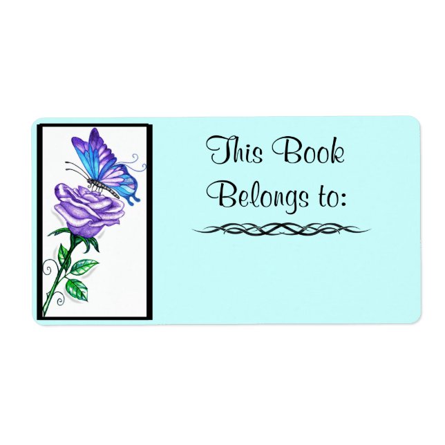 Purple Rose and Butterfly Book Label (Front)