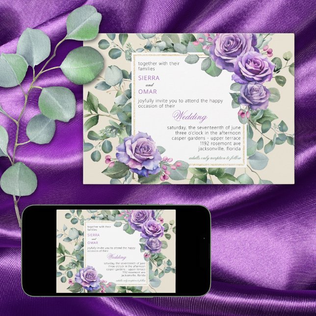 Purple Rose and Eucalyptus Wedding Invitation (Creator Uploaded)