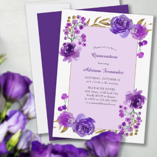 Purple Rose and Gold Leaf Elegant Quinceanera Invitation