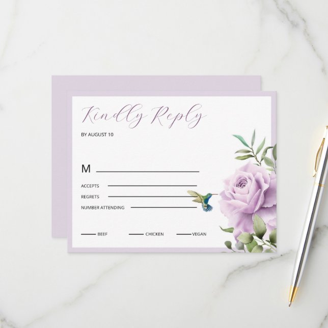 Purple Rose and  Hummingbird   RSVP Card (Front/Back In Situ)