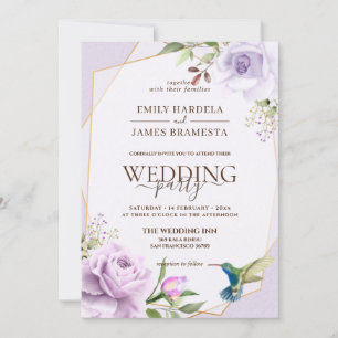 Purple Rose Bird Floral Frame Watercolor Wedding Invitation