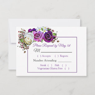Purple Rose Bouquet Bokeh Wedding RSVP card