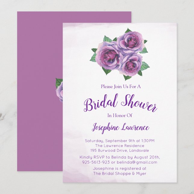 Purple Rose Bouquet Bridal Shower Invitations (Front/Back)