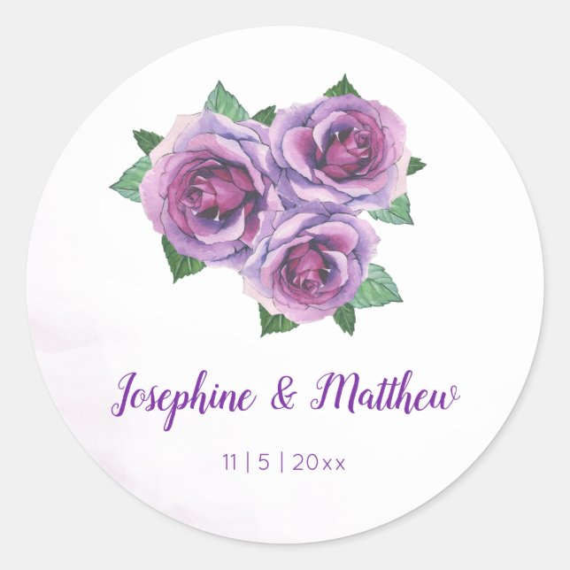 Purple Rose Bouquet Watercolor Wedding Stickers (Front)