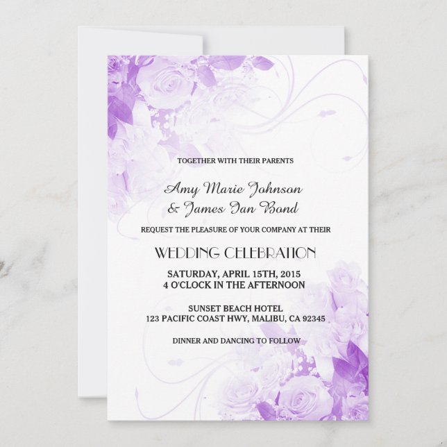 Purple rose bouquet wedding invitations vr4 (Front)