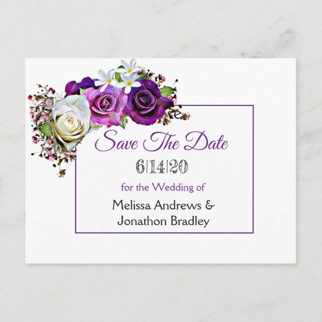 Purple Rose Bouquet Wedding Save the Date Announcement Postcard (Front)