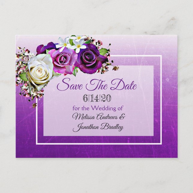 Purple Rose Bouquet Wedding Save the Date Announcement Postcard (Front)