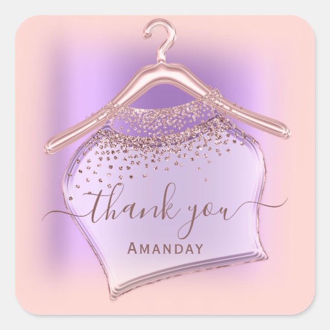 Purple Rose Cloth Hanger Crystals Glitter Boutique Square Sticker (Front)