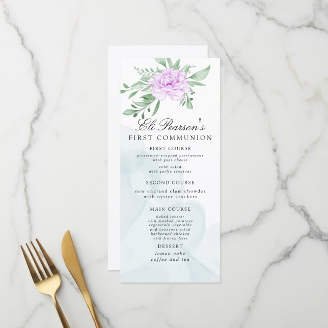 Purple Rose Eucalyptus Leaves First Communion Menu (Front/Back In Situ)
