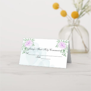 Purple Rose Eucalyptus Leaves First Communion Place Card