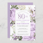 Purple Rose Floral 80th Birthday Party Invitation<br><div class="desc">Honour a special woman with this elegant and feminine 80th Birthday party invitation. 80th is written in large purple text. Birthday celebration follows. The honoured guest's name is also in pink capital letters. The remainder of the text is soft dove grey. The 80th birthday celebration details are surrounded by a...</div>