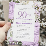 Purple Rose Floral 90th Birthday Party Invitation<br><div class="desc">Honour a special woman with this elegant and feminine 90th Birthday party invitation. 90th is written in large purple text. Birthday celebration follows. The honoured guest's name is also in purple capital letters. The remainder of the text is soft dove grey. The birthday celebration details are surrounded by a chic...</div>