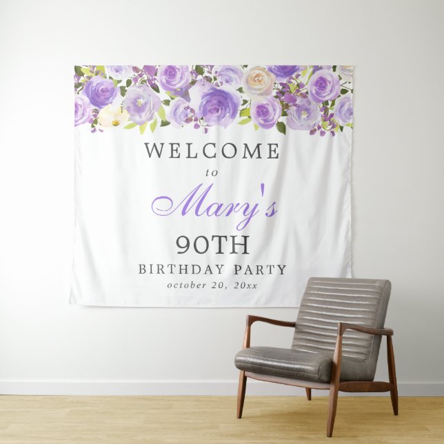 Purple Rose Floral 90th Birthday Party Tapestry (In Situ (Horizontal))