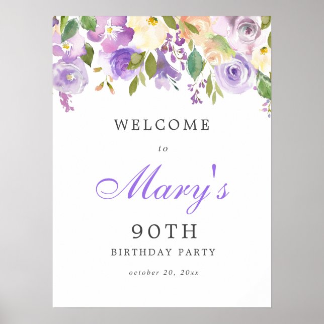 Purple Rose Floral 90th Birthday Welcome Sign (Front)