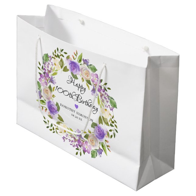 Purple Rose Floral Botanical Wreath 100th Birthday Large Gift Bag (Front Angled)
