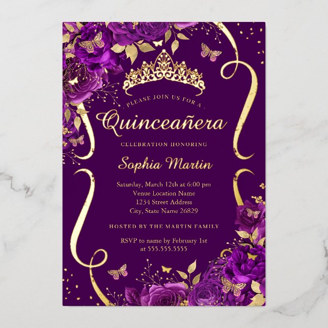 Purple Rose Floral Butterfly Tiara Quinceanera (Front)