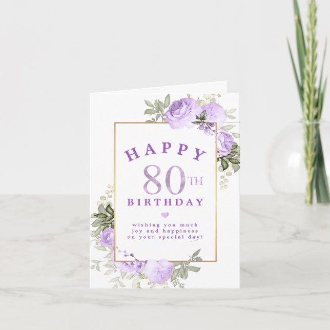 Purple Rose Floral Gold 80th Birthday Invitation (Front)