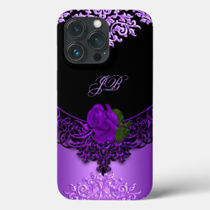 Purple Rose Floral Lace Black iPhone 13 Pro Case