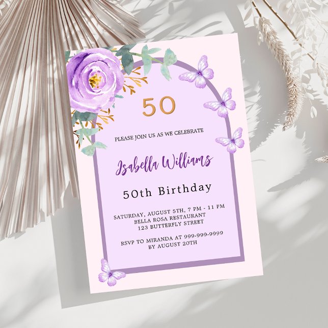 Purple rose floral pink arch butterflies Birthday Invitation (Creator Uploaded)