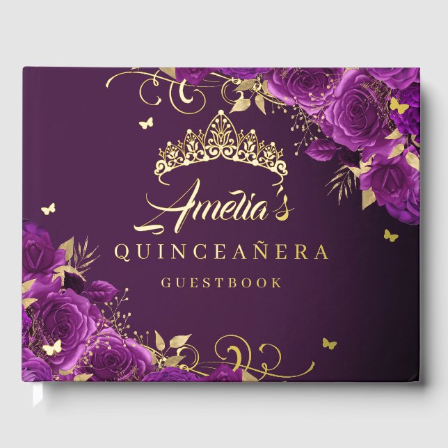 Purple Rose Floral Swirl Quinceanera Gold   Guest Book (Front)