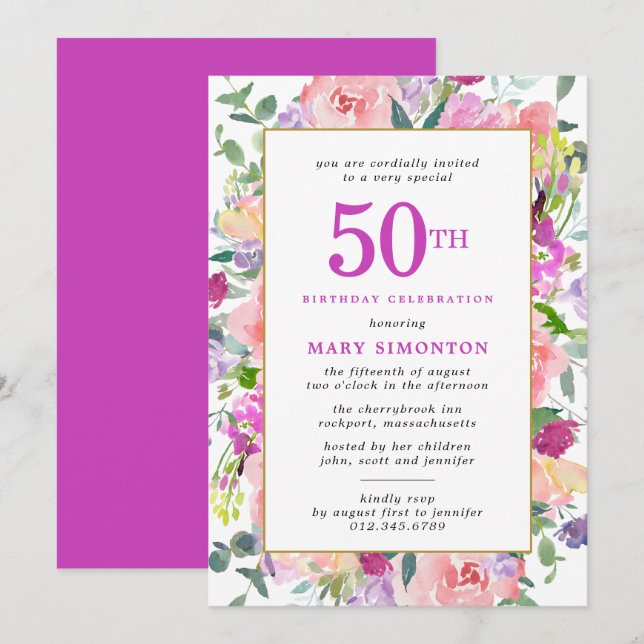 Purple rose florale 50e anniversaire Invitation (Devant / Derrière)
