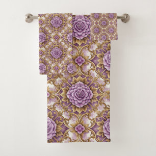 Purple Rose & Gold Baroque Elegant Vintage Floral Bath Towel Set