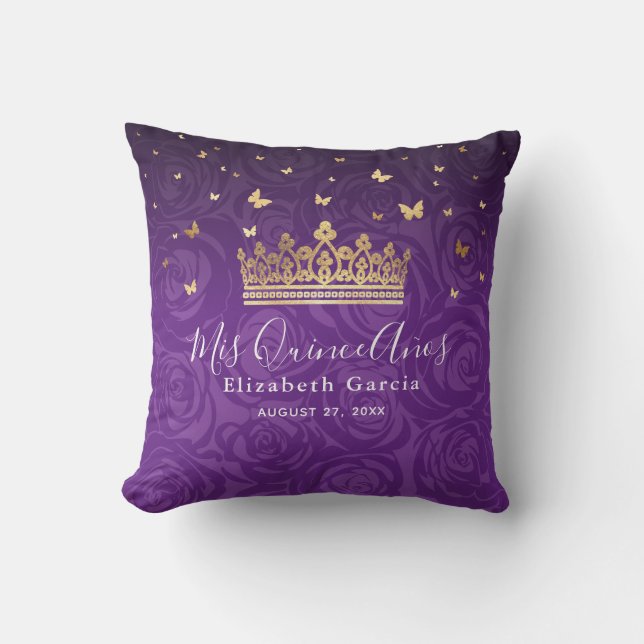 Purple Rose Gold Crown Quinceanera Mis Quince Anos Throw Pillow (Front)