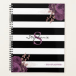 Purple Rose Gold Floral Monogram Black White 2024 Planner<br><div class="desc">This elegant design features vintage purple and rose gold floral bouquets in two corners on a trendy black-and-white striped background. Personalize it with your initial in purple serif font and your name in black handwriting script.</div>