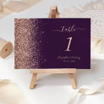 Purple Rose Gold Glitter Edge Wedding Table Number<br><div class="desc">The left-hand edge of this elegant modern wedding table number features a rose gold faux glitter design. The customizable text combines pale rose coloured handwriting,  copperplate and italic fonts on a purple background.</div>
