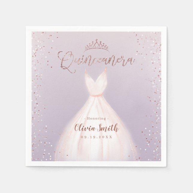 Purple rose gold glitter with dress quinceañera napkin (Front)