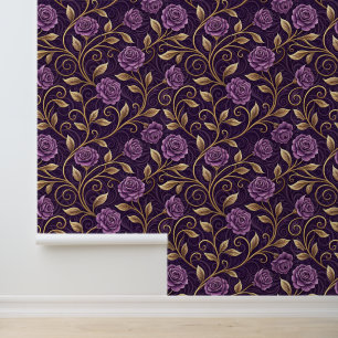Purple Rose & Gold Luxurious Floral Personalized Wallpaper