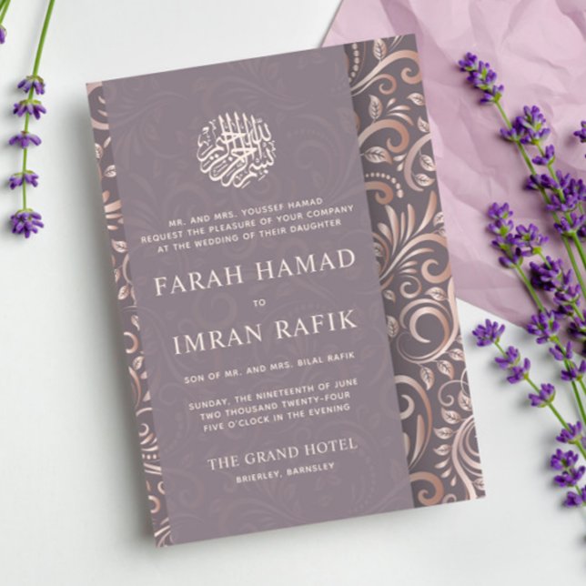 Purple Rose Gold Ornate Pattern Muslim Wedding Invitation (Creator Uploaded)