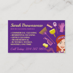 Purple Rose Hair Woman Janitorial House Cleaning Business Card