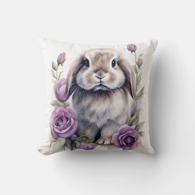Purple Rose Lop Eared Rabbit Throw Pillow (Front)