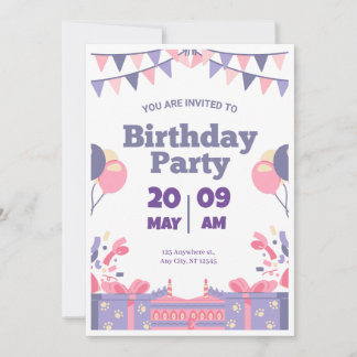 Purple & Rose mignonne Invitation de fête d'annive