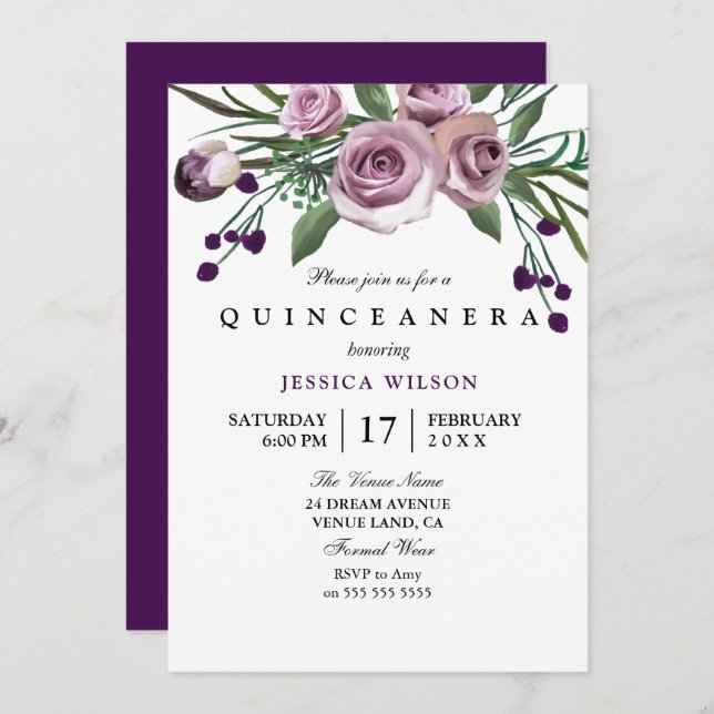 Purple Rose Quinceanera Invitation (Front/Back)