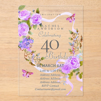 Purple Rose Ribbon 40th Birthday Invitation