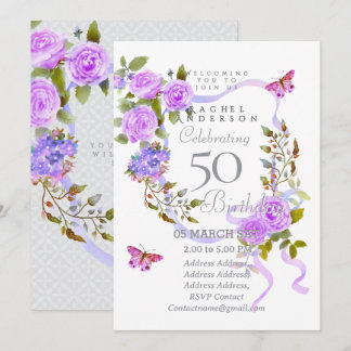 Purple Rose Ribbon 50th Birthday Invitation