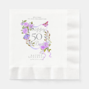 Purple Rose Ribbon 50th Birthday Napkin