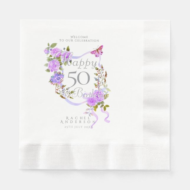 Purple Rose Ribbon 50th Birthday Napkin (Front)